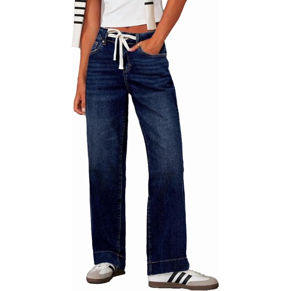 Women's Wide Leg Jeans High Waisted Stretchy Straight Leg Baggy DrawstringDenim Pants