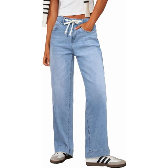 Women's Wide Leg Jeans High Waisted Stretchy Straight Leg Baggy DrawstringDenim Pants