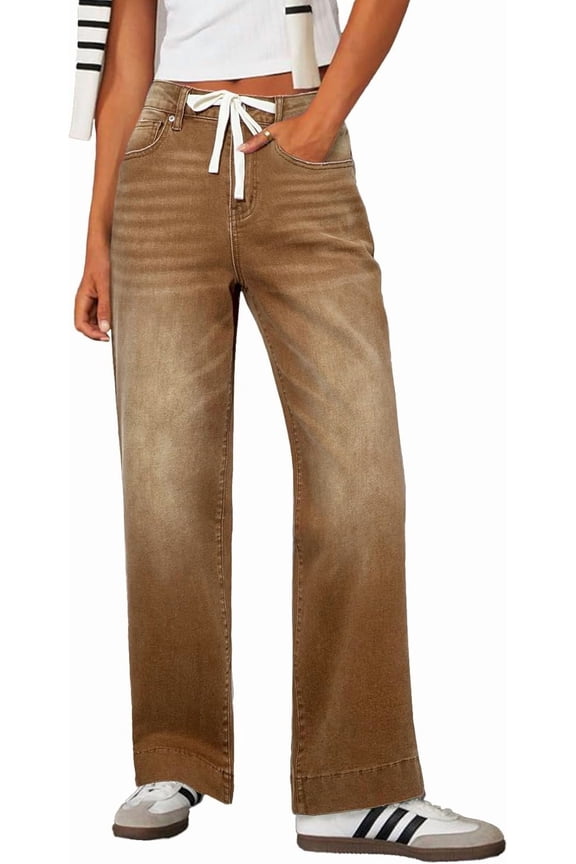Women's Wide Leg Jeans High Waisted Stretchy Straight Leg Baggy DrawstringDenim Pants