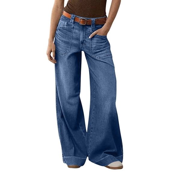 Women's Wide Leg Jeans High Waisted Stretchy Straight Leg Jeans Solid Color Loose Trendy Denim Pants