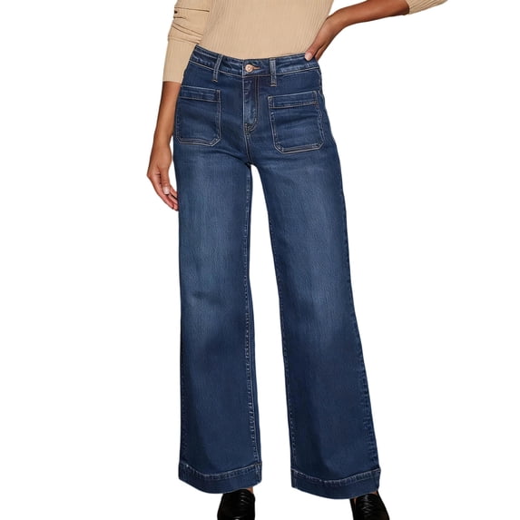 Women's Wide Leg Jeans with Front Pocket, Ladies High Waisted Stretchy Straight Leg Jeans Loose Trendy Denim Pants for Casual Daily Wear