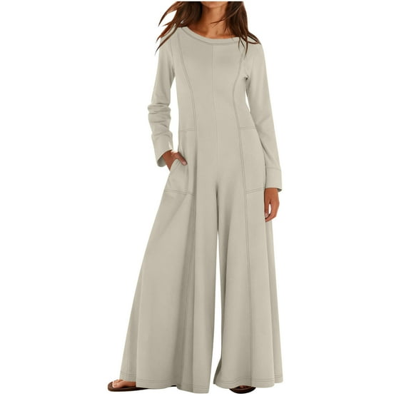 Women's Wide-Leg Jumpsuit Long Sleeve Back Zipper Baggy One Piece Jumpsuit Loose Casual Pants Romper with Pockets,L,Beige