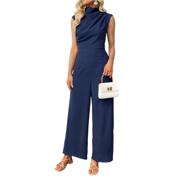 Women's Wide Leg Jumpsuit Mock Neck Cap Sleeve Elegant Dressy Casual Outfit