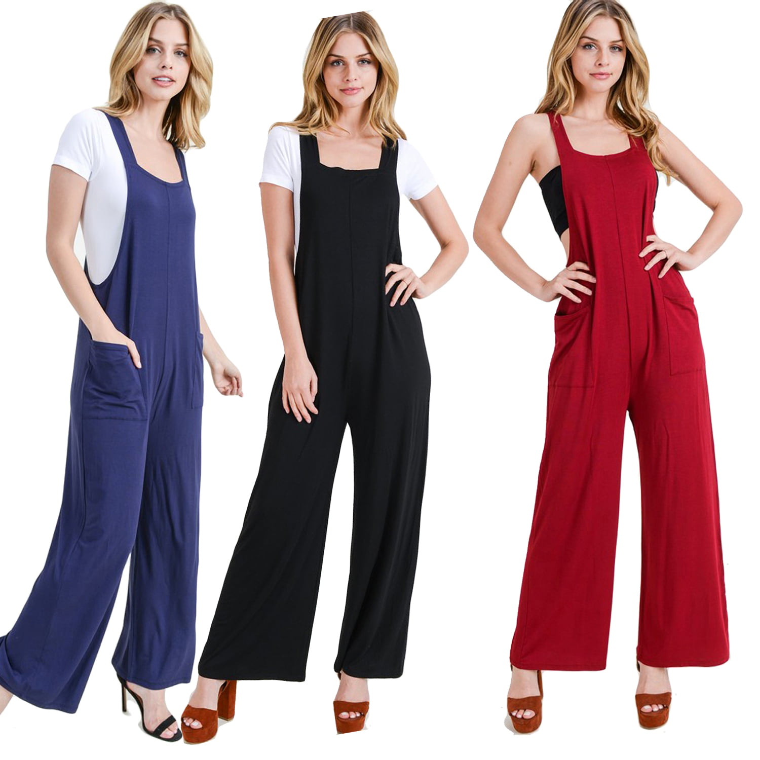 Womens Wide Leg Jumpsuit Overalls With Pockets