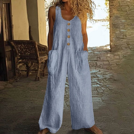 Women's Wide Leg Jumpsuit Romper, Linen Button Front Sleeveless Jumpsuit Romper, Solid Color Casual Comfortable Flowy, Summer Beach Vacation Lounge Wear, Travel Essentials for Women