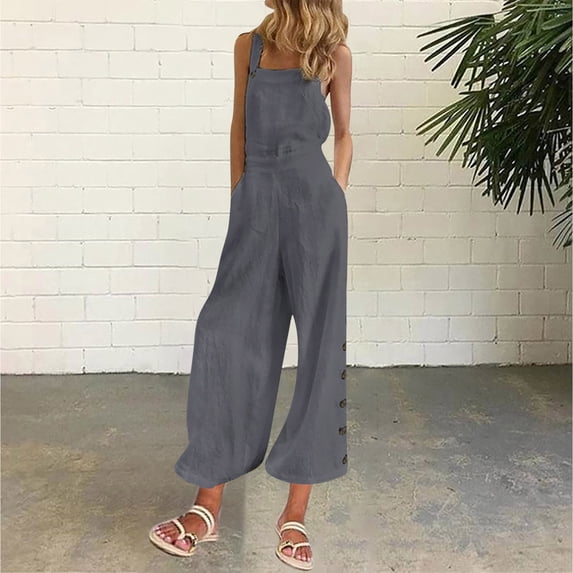 Women's Wide Leg Jumpsuit Romper Overalls, Casual Solid Color Loose Fit Pocket Side Buckle, Soft Breathable Flowy, Lounge Daily Work Office Travel Essentials for Women | Aestivo,Gray L