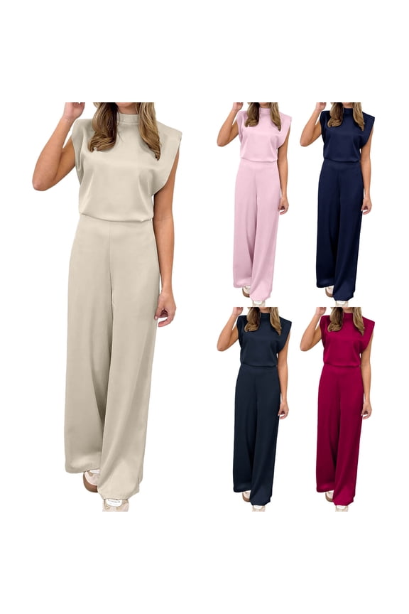 Women's Wide Leg Jumpsuit, Sleeveless Backless Jumpsuit, Solid Color Stand Collar Satin Romper, Loose Lounge Wear, Casual Daily Beach Vacation Outfits, Summer Essentials | HAODEJW,Wine XL