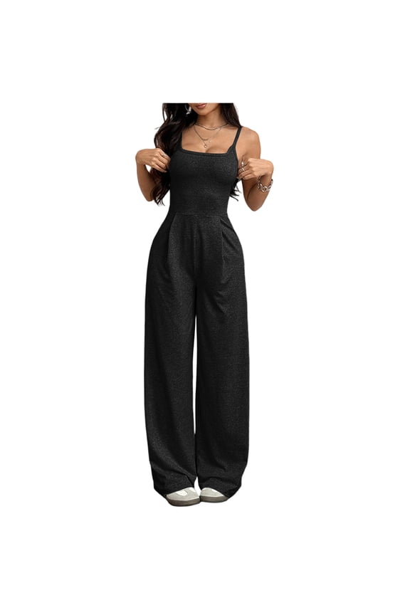 Women's Wide Leg Jumpsuit Sleeveless Square Neck Strappy Open Back Casual Loose Fit
