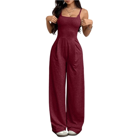 Women's Wide Leg Jumpsuit Sleeveless Square Neck Strappy Open Back Casual Loose Fit