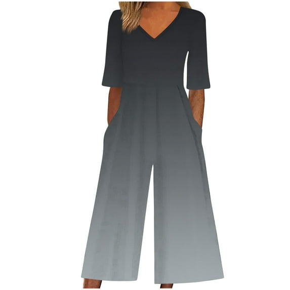 Women's Wide Leg Jumpsuit V-Neck Floral Print Short Sleeve Loose Fit Romper Casual Summer Outfit with Pockets Black L