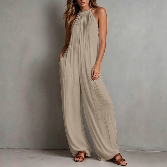Women's Wide Leg Jumpsuits Adjustable Strap Sleeveless Stretchy Long Pant Casual Jumpsuit with Pockets(Beige,L)