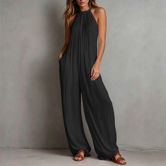 Women's Wide Leg Jumpsuits Adjustable Strap Sleeveless Stretchy Long Pant Casual Jumpsuit with Pockets(Black,XL)