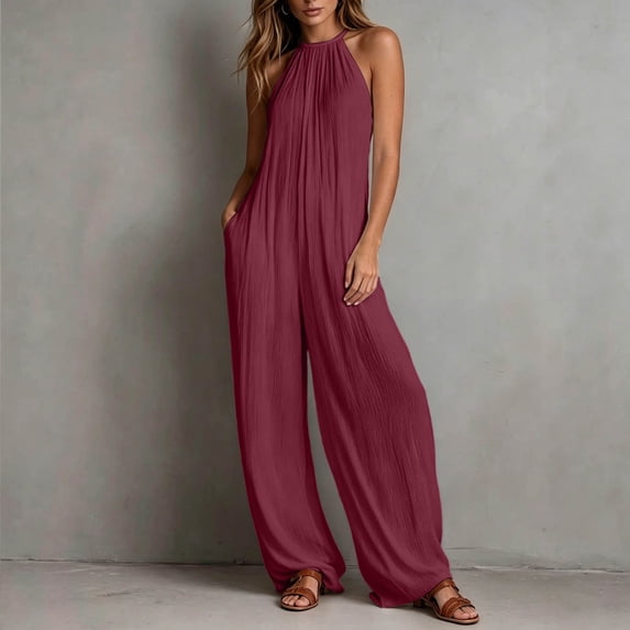 Women's Wide Leg Jumpsuits Adjustable Strap Sleeveless Stretchy Long Pant Casual Jumpsuit with Pockets(Red,L)