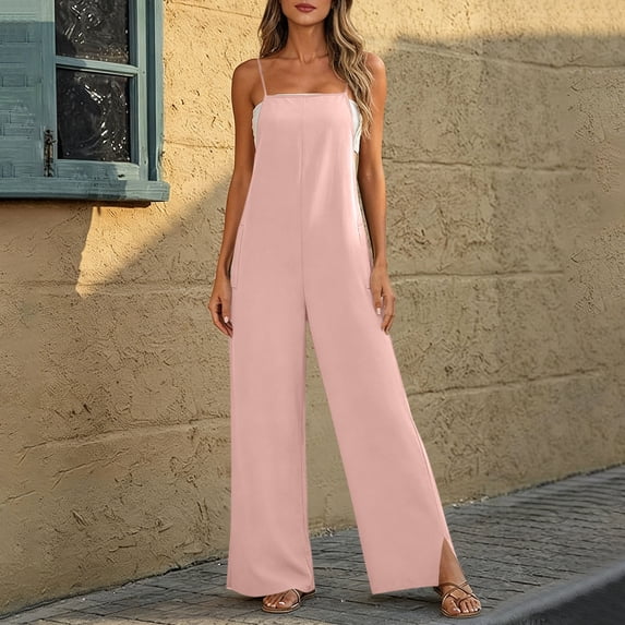 Women's Wide Leg Jumpsuits Oversized Spaghetti Strap Bohos Cotton Like Overalls Womens Summer Casual Solid Loose Fits Lightweight Comfy Rompers