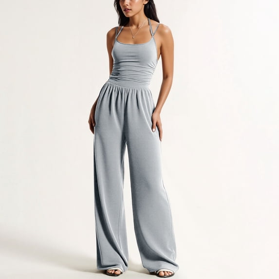 Women's Wide Leg Jumpsuits Plus Size Strappy Backless High Waist Romper Jumpsuit Summer Casual Solid Overszied Loose Comfy One Piece Sleeveless Long Pants