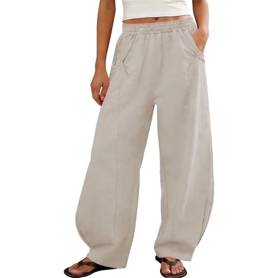 Women's Wide Leg Linen Balloon Pants Drawstring Elastic Waist Pants with Pleated Pockets Casual Flowy Summer Work Pants Beige