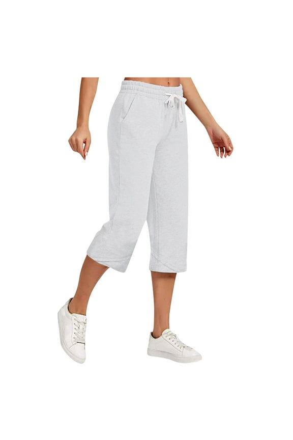 Women's Wide Leg Linen Capris with Pockets Athletic Running Capri Trousers Casual Beach Cropped Pants Fashion Drawstring Capri Pantss