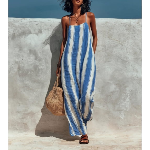 Women's Wide Leg Linen Look Jumpsuit, Sleeveless Spaghetti Strap Romper, Elastic Waist with Pockets, Loose Casual Summer Beach Pants, Long Flowy Trousers | VerBelle,Blue XL
