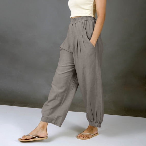 Women's Wide Leg Linen Pants Cotton Linen Loose Elastic Waist Bohos Pant Womens Casual Solid Plus Size Relaxed Lightweight Breathable Trousers Summer Beach Travel Vacation Harems Pant