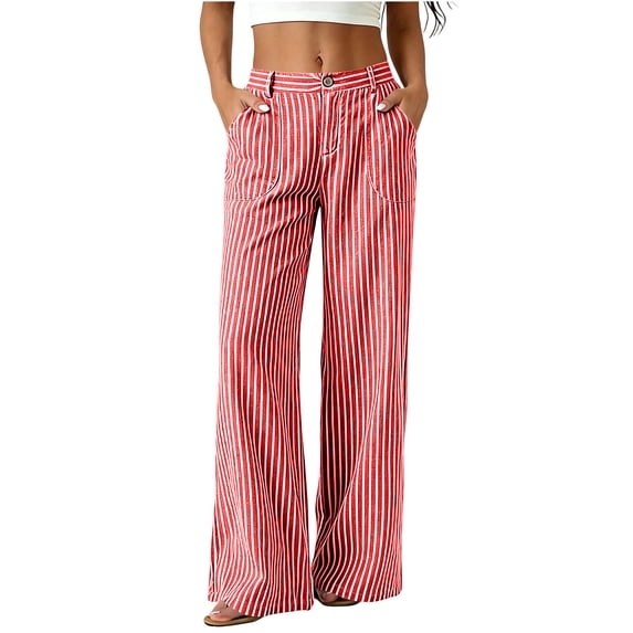Women's Wide Leg Linen Pants High Waist Straight Leg Dress Pants Striped Casual Business Linen Trousers with Pockets