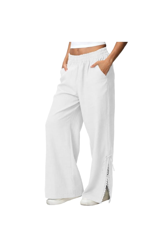 Women's Wide Leg Linen Pants Lace Trim Side Split Stretch Elastic Waist Long Pants with Pocket Travel Casual Trousers for Beach Vacation, White, 3XL
