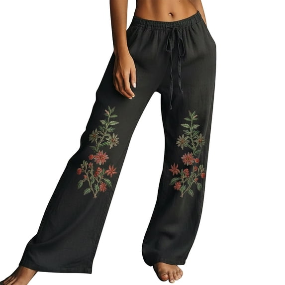 Women's Wide Leg Linen Pants Straight Leg Trousers Lounge Palazzo Pants Elastic Waist Trousers with Pockets Comfy Flowy Pants Solid Color Long Trousers Breathable Relaxed Fit Pants Baggy 3Xl