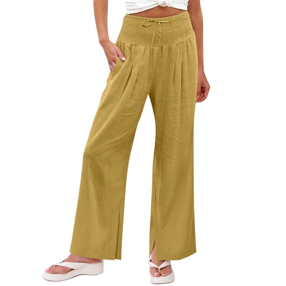 Women's Wide Leg Linen Pants Vacation Beach Trousers Summer Beach Vacation Clothes Lightweight Drawstring Pants Elastic Waist Trousers with Pockets Straight Leg Trousers Comfy Trousers 3Xl