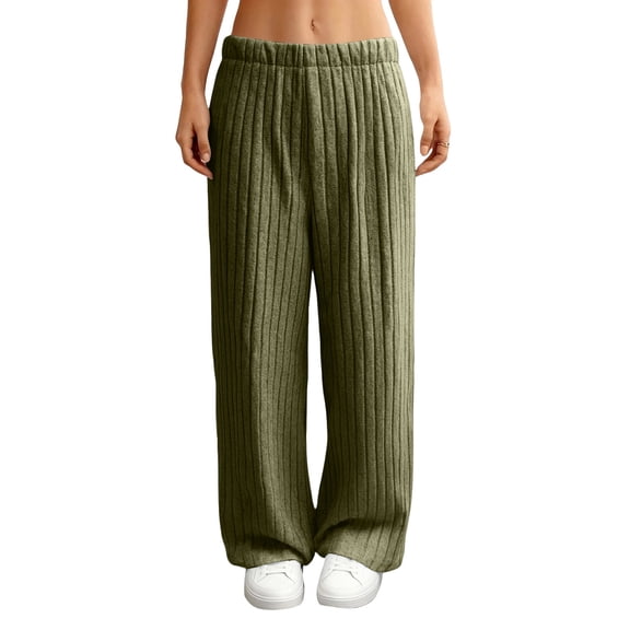 Women's Wide Leg Lounge Pants Dressy Casual High Elastic Waist Ribbed Knit Trousers Army Green S