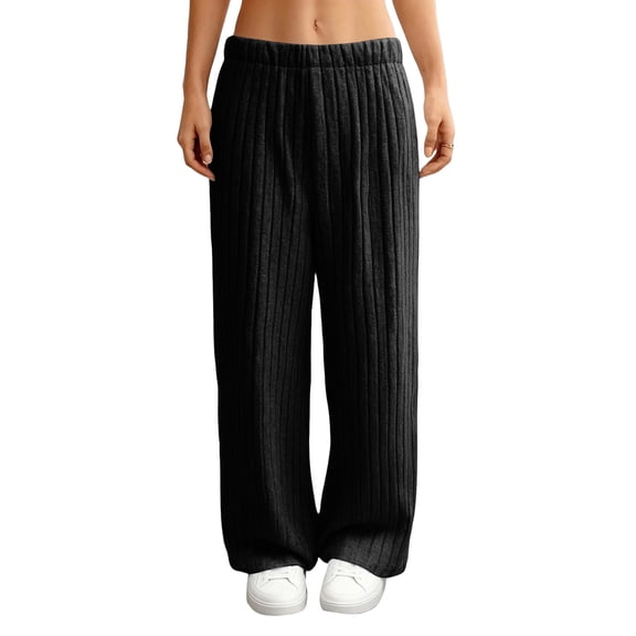 Women's Wide Leg Lounge Pants Dressy Casual High Elastic Waist Ribbed Knit Trousers Black XXL