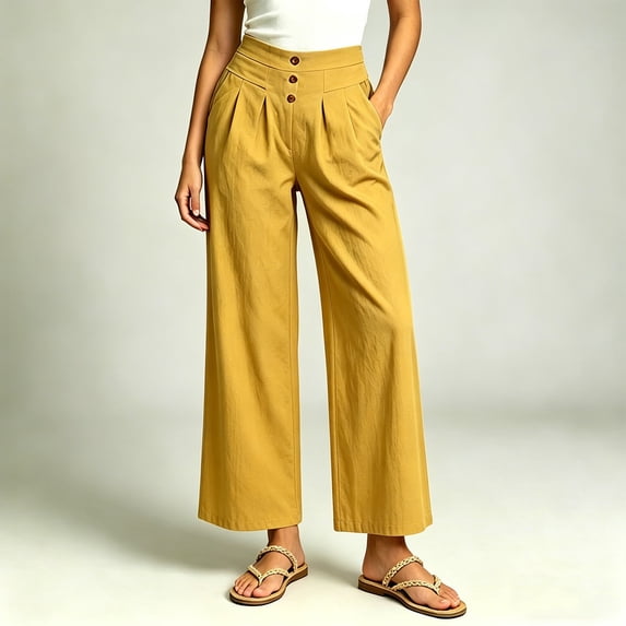 Women's Wide Leg Lounge Pants Elastic High Waist Casual Loose Trousers Solid Color Comfy Cotton Linen Pants with Pockets,Sizes S-XL