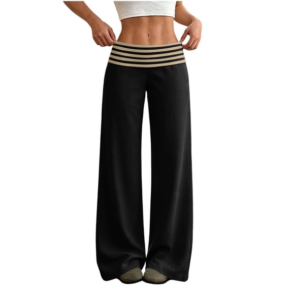 Women's Wide Leg Lounge Pants High Waisted Fold Over Striped Waistband Stretchy Loose Fit Palazzo Pants for Yoga Daily Wear Daily Travel Office
