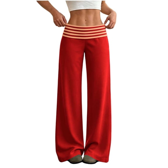 Women's Wide Leg Lounge Pants High Waisted Fold Over Striped Waistband Stretchy Loose Fit Palazzo Pants for Yoga Daily Wear Daily Travel Office