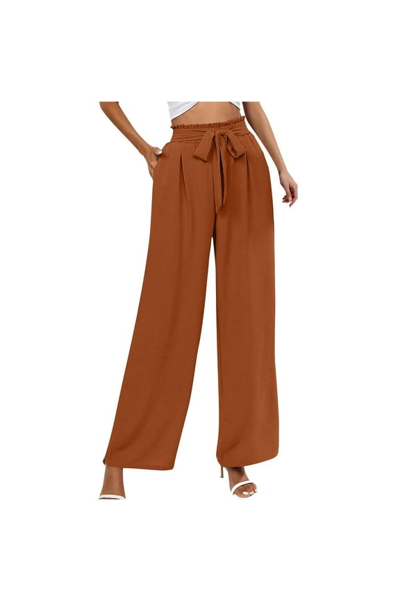Women's Wide Leg Lounge Pants - High-Waisted Lightweight Trousers with Pockets & Adjustable Tie Knot (Loose Fit & Elastic Waist for Work/Casual)
