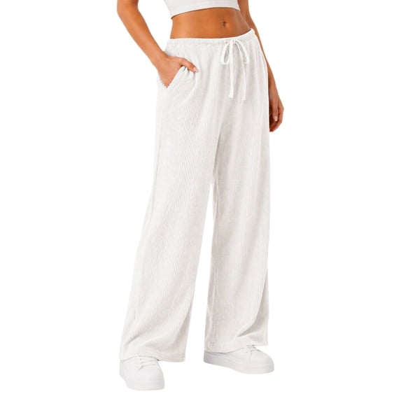 Wide Leg Corduroy Pants for Women Casual Lounge Drawstring Elastic Waist Work Pants with Pockets