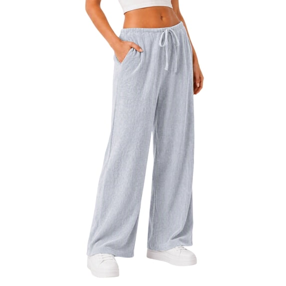 Wide Leg Corduroy Pants for Women Casual Lounge Drawstring Elastic Waist Work Pants with Pockets