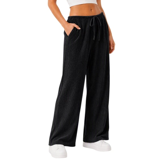 Wide Leg Corduroy Pants for Women Casual Lounge Drawstring Elastic Waist Work Pants with Pockets