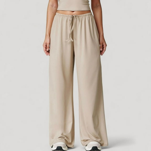 Women's Wide Leg Lounge Pants with Drawstring Waist and Relaxed Fit for All-Day Comfort - Large, Beige