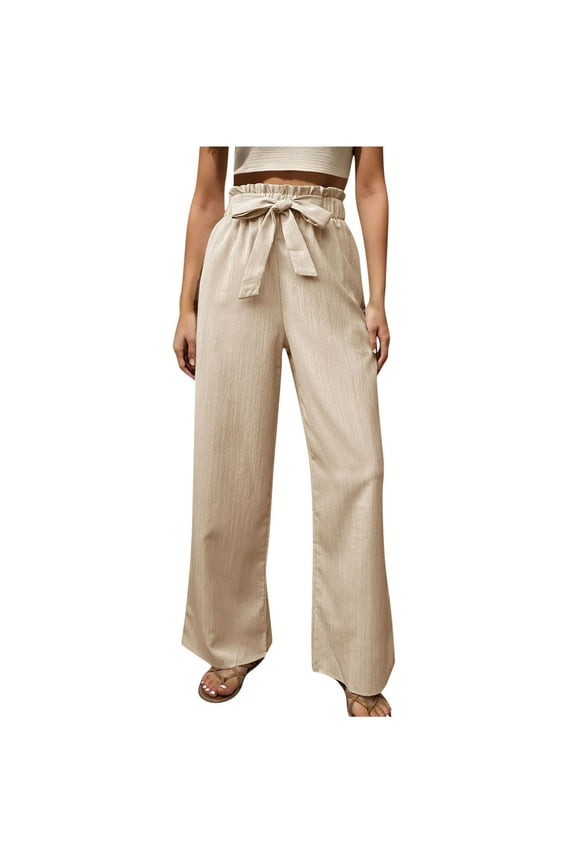 Women's Wide Leg Lounge Pants with Pockets Lightweight High Waisted Adjustable Tie Knot Loose Trousers Gifts for Womens Beige,L