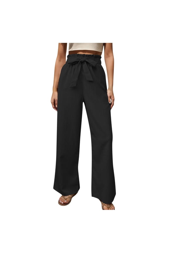 Women's Wide Leg Lounge Pants with Pockets Lightweight High Waisted Adjustable Tie Knot Loose Trousers Gifts for Womens Black,M