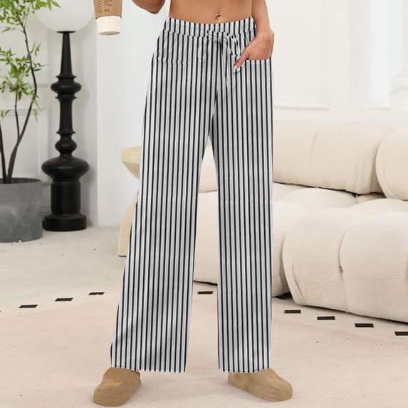 Women's Wide Leg Lounge Pants with Pockets Lightweight High Waisted Drawstring Adjustable Loose Trousers Black M