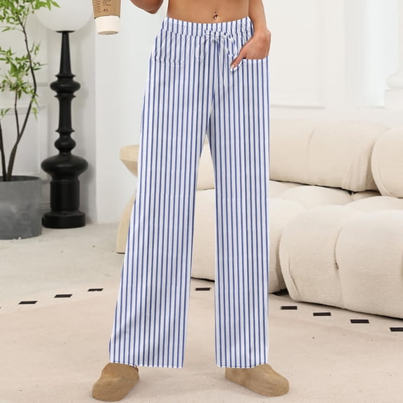 Women's Wide Leg Lounge Pants with Pockets Lightweight High Waisted Drawstring Adjustable Loose Trousers Light Blue L