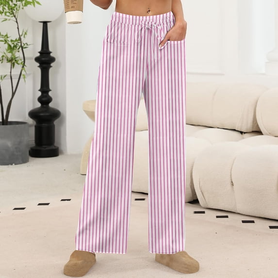 Women's Wide Leg Lounge Pants with Pockets Lightweight High Waisted Drawstring Adjustable Loose Trousers Pink M