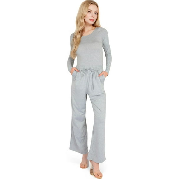 Women's Wide-Leg Lounge Set with Elastic Waist and Drawstring Closure- Gray,Medium