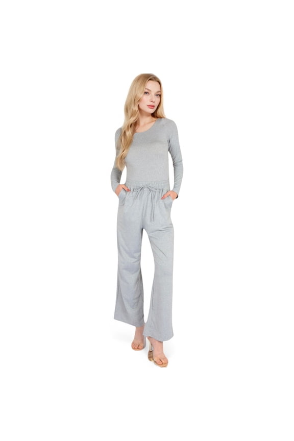 Women's Wide-Leg Lounge Set with Elastic Waist and Drawstring Closure- Gray,Medium