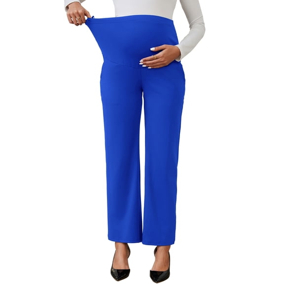 INSPIRE CHIC Women's Wide Leg Maternity Pants Over the Belly Elastic Stretch Pregnancy Trousers with Pockets Royal Blue S