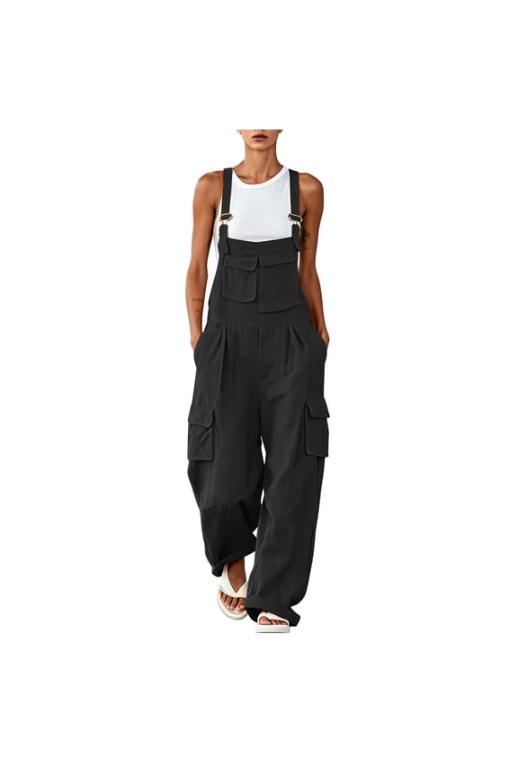 Women's Wide Leg Overalls Adjustable Strap Sleeveless Cargo Jumpsuits Multi Pockets One Piece Romper Workwear Black, S