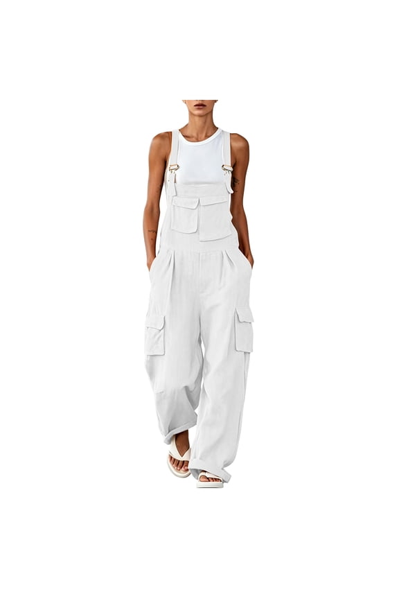 Women's Wide Leg Overalls Adjustable Strap Sleeveless Cargo Jumpsuits Multi Pockets One Piece Romper Workwear White, S