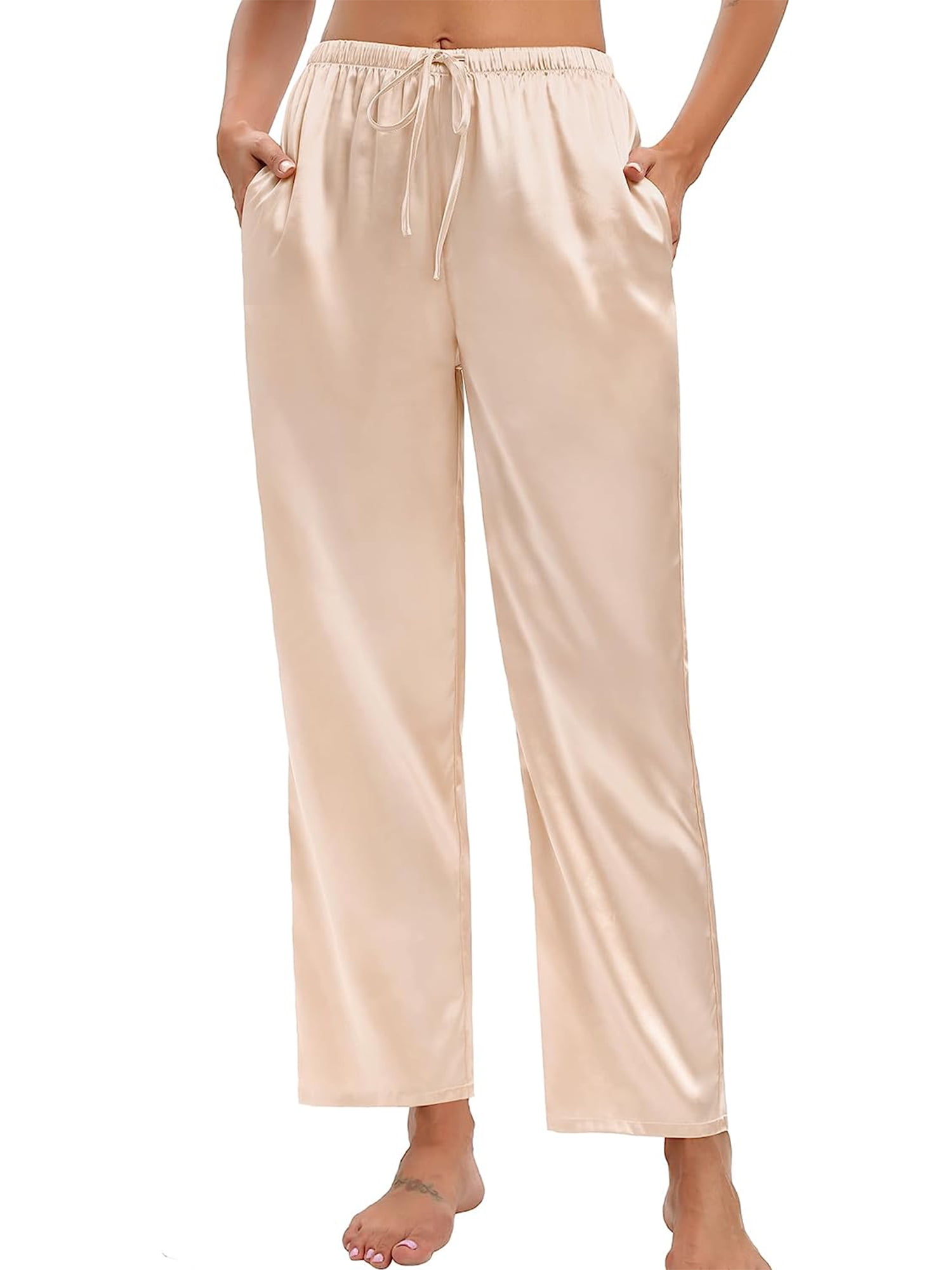 Women's Wide Leg Pajama Pants Satin Silk Casual Loose Elastic Waist Lounge  Pants Sleepwear Bottoms Drawstring Trousers 