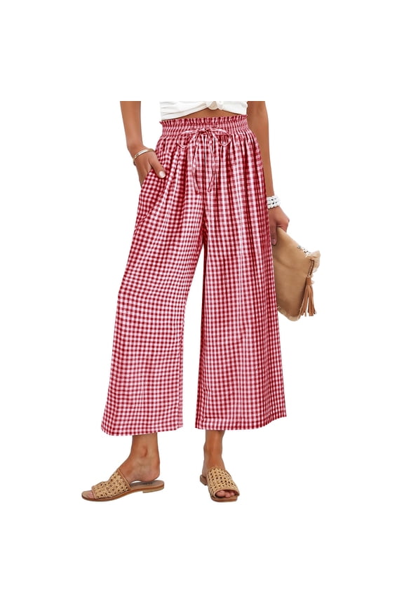 Women's Wide Leg Pajama Pants, Striped Plaid Cropped Trousers with Pockets, Soft Comfy Lounge Bottoms, Casual Sleepwear, Home Vacation Essentials | HAODEJW,Pink L