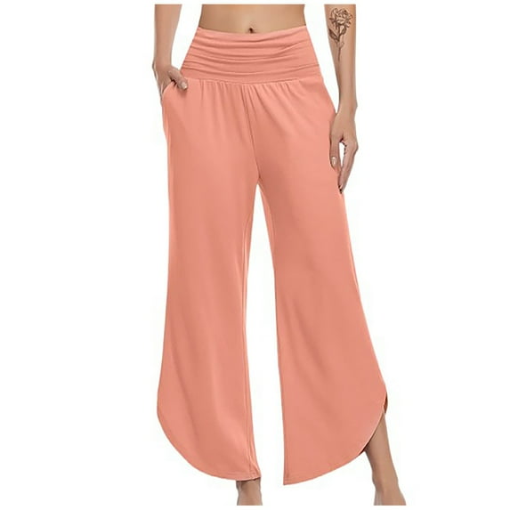 High Waisted Pants for Women Solid Color Comfy Cropped Lounge Pants Casual Loose Wide Leg Palazzo Pants with Pockets